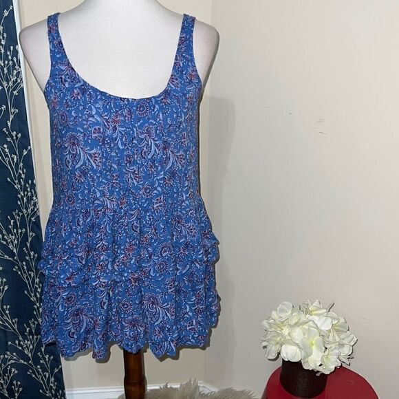 Intimately Free People Blue Flowy Ruffle Tiered Sleeveless Paisley Floral Top S - Picture 2 of 8